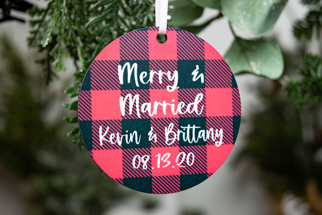 Personalized Red Buffalo Plaid Merry and Married Ornament