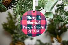 Load image into Gallery viewer, Personalized Red Buffalo Plaid Merry and Married Ornament
