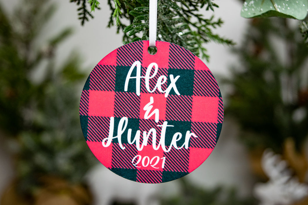 Red Buffalo Plaid Personalized Ornament for Couples