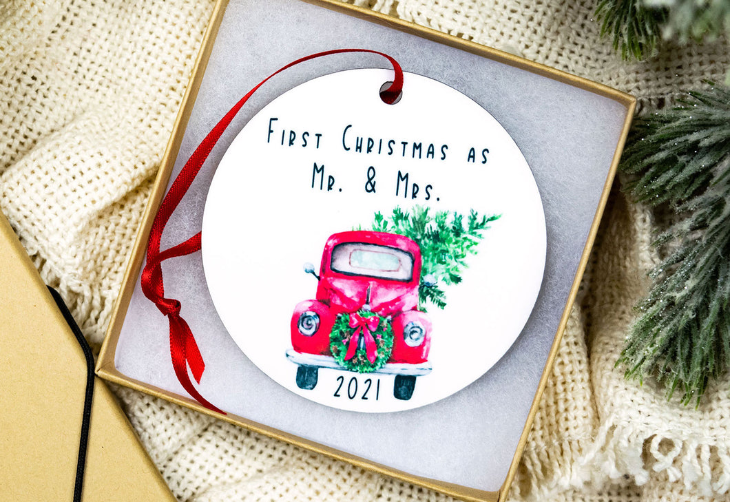 First Christmas as Mr and Mrs Red Christmas Truck Ornament 2021