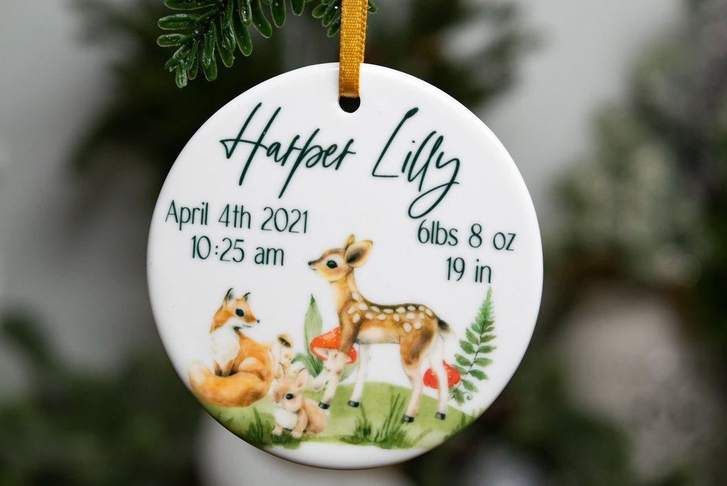 Personalized Woodland Animal Baby Name and Birth Stats Ornament