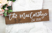 Load image into Gallery viewer, Modern Wooden Last Name Wedding Sign with Established Year
