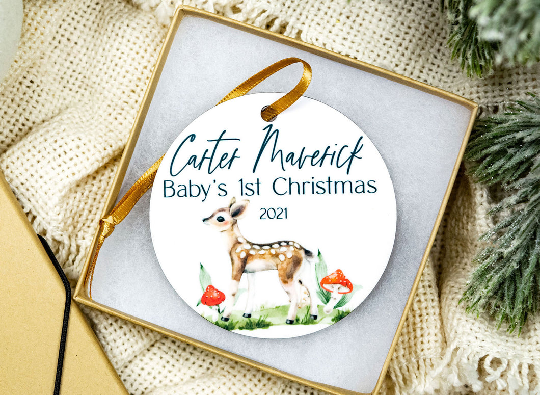 Personalized Woodland Fawn Baby First Christmas Ornament - Baby Name Ornament