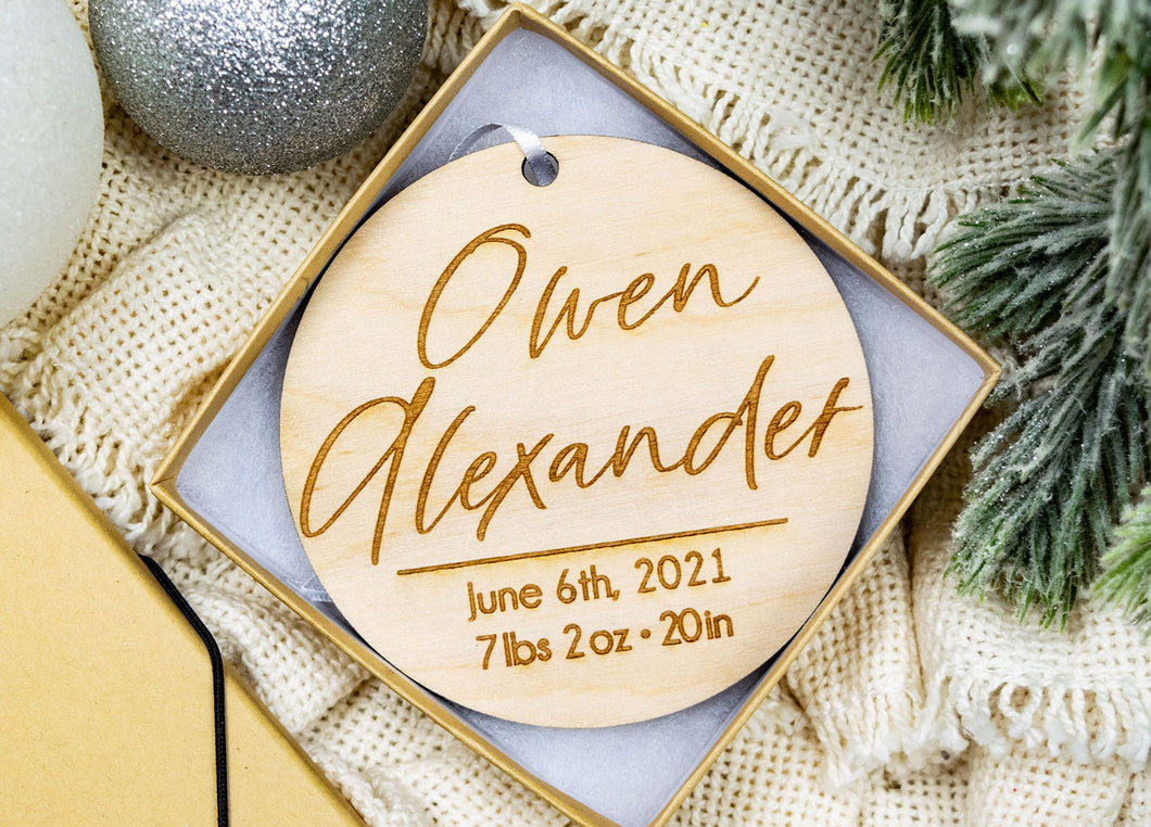 Personalized Engraved Baby Name and Birth Stats Ornament - Birth Announcement Ornament