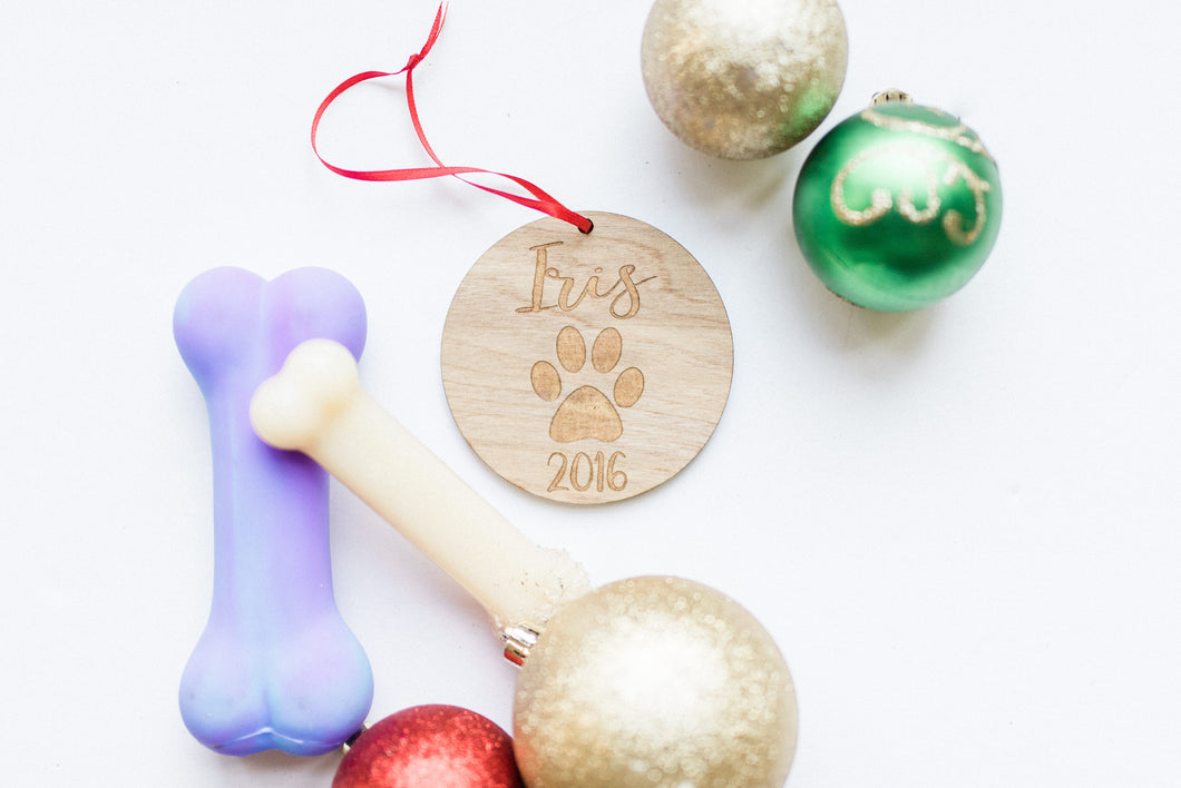 Wooden Laser Engraved Dog Paw and Name Christmas Ornament