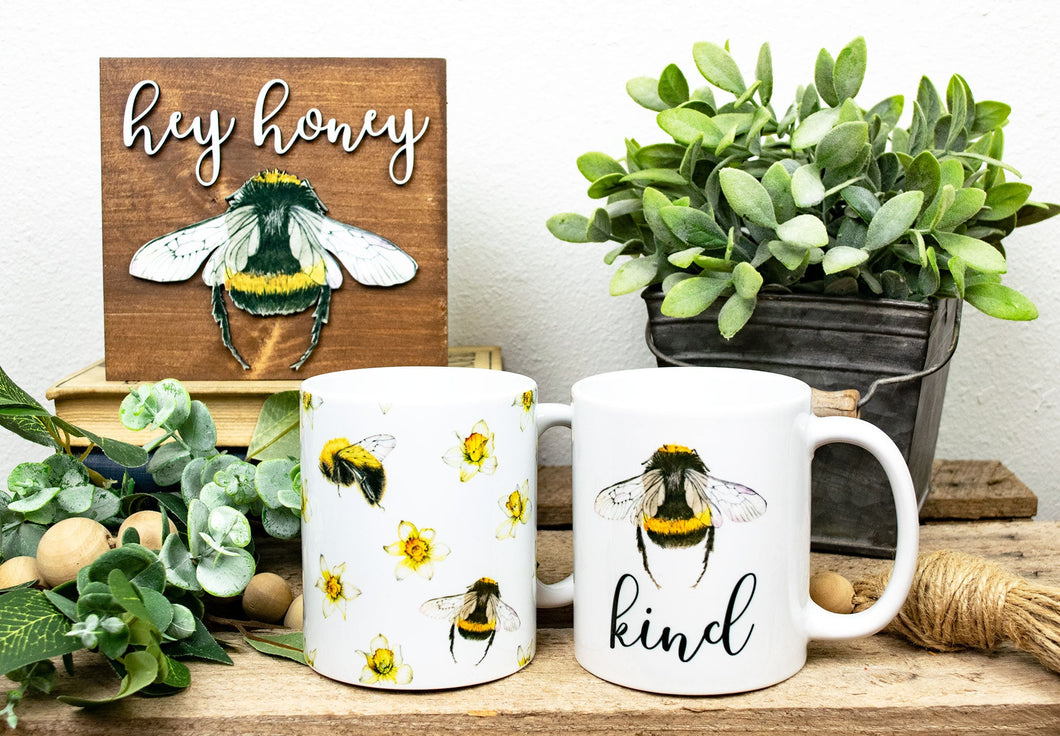 Bee Gift Set - Bee Kind Mug, Bee Pattern Mug, & Hey Honey Sign