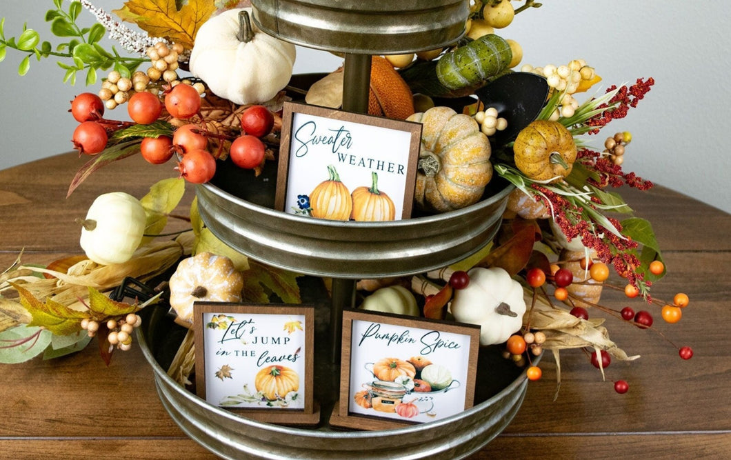 Fall Tier Tray Sign Decor Sweater Weather, Let's Jump in the Leaves, and Pumpkin Spice Signs