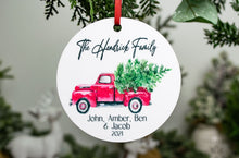 Load image into Gallery viewer, The Family Name Red Truck Ornament with first names and year
