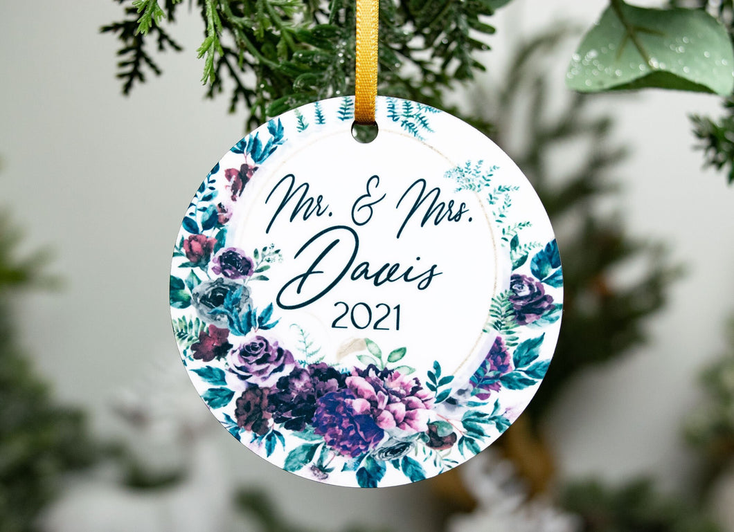 Mr and Mrs Last Name Moody Floral Christmas Ornament - Newlywed Christmas Gift