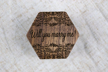 Load image into Gallery viewer, Leafy Pattern &quot;Will You Marry Me?&quot; Proposal Ring Box - Single Slotted Walnut Engagement Ring Box

