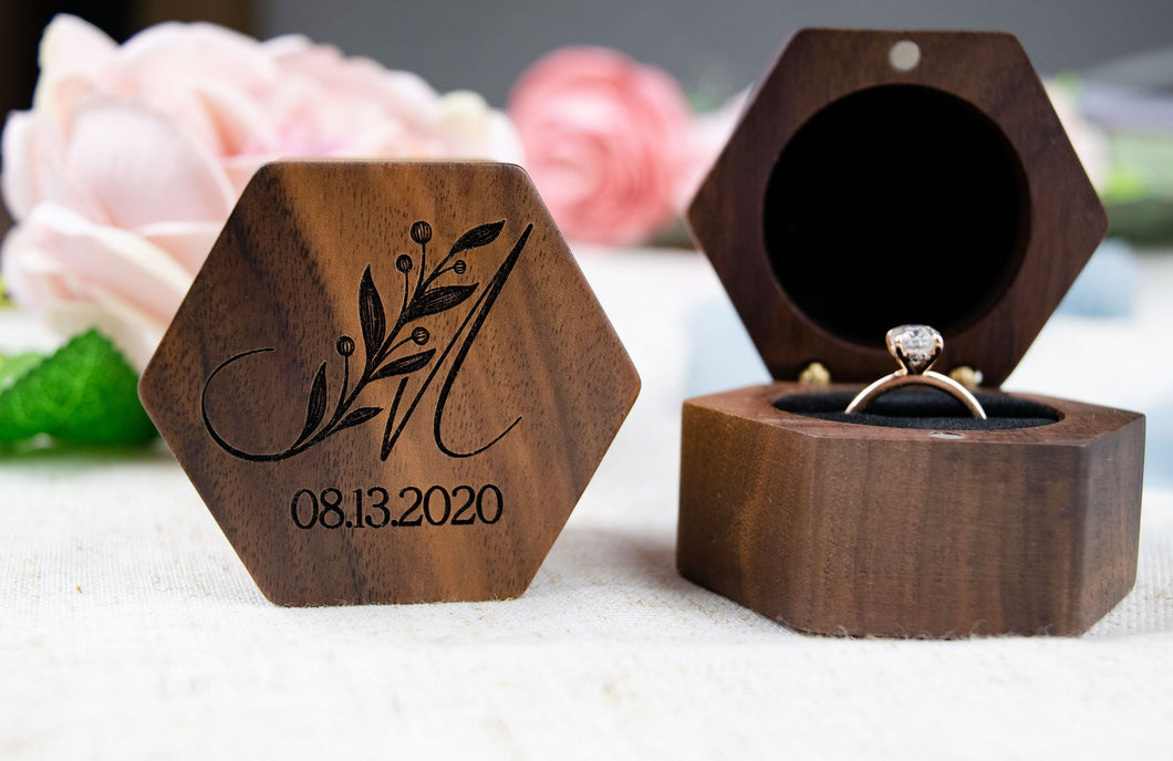 Personalized Leafy Letter Proposal Ring Box - Single Slotted Walnut Engagement Ring Box