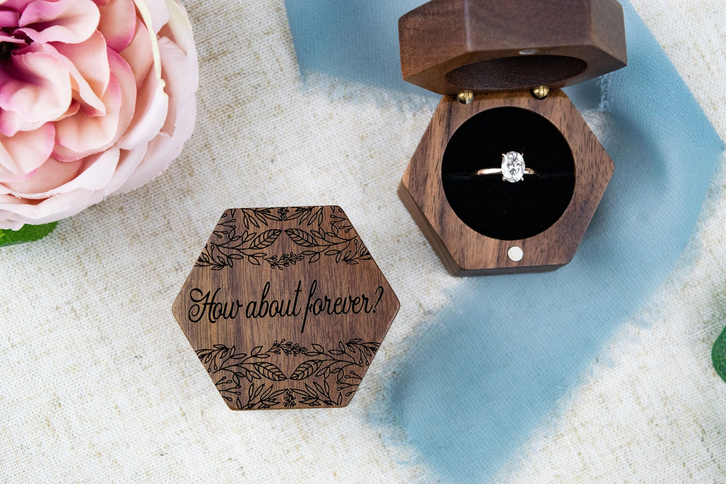How About Forever Engagement Ring Box with Leaf Detail - Walnut Single Slotted Proposal Ring Box