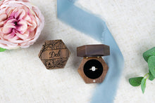 Load image into Gallery viewer, Personalized Single Slot Walnut Engagement Ring Box with Bride&#39;s Name and Peony Flower Details
