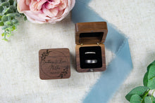 Load image into Gallery viewer, Boho Style Personalized Wedding Ring Box, Walnut Double Slotted Ring Box
