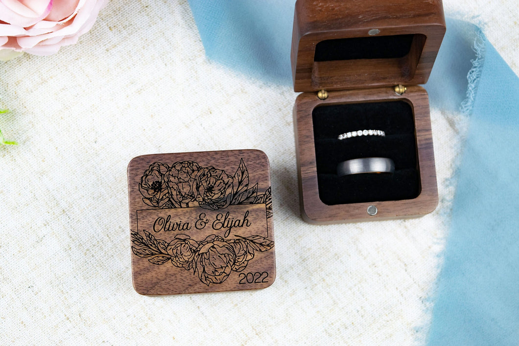 Personalized First Name Wedding Ring Box with Floral Frame Detail, Walnut Double Slotted Ring Box