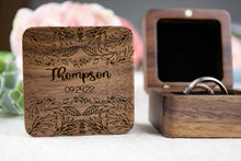 Load image into Gallery viewer, Leaf Pattern Last Name and Wedding Date Wedding Ring Box - Double Slotted Walnut Wedding Ring Box
