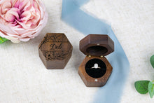 Load image into Gallery viewer, Personalized Single Slot Walnut Engagement Ring Box with Bride&#39;s Name and Peony Flower Details
