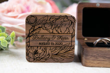 Load image into Gallery viewer, Personalized Floral Wedding Ring Box, Double Slotted Walnut Ring Box with First Names and Date

