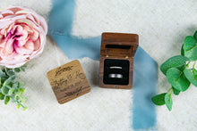 Load image into Gallery viewer, Personalized First Name Ring Box with Wedding Date and Leaf Branch Detail - Double Slotted Walnut Ring Box
