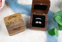 Load image into Gallery viewer, Personalized First Name Ring Box with Wedding Date and Leaf Branch Detail - Double Slotted Walnut Ring Box
