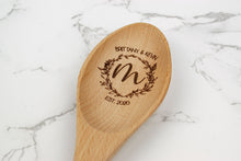 Load image into Gallery viewer, Personalized First Names and Monogram Wooden Spoon, Floral Wreath Wood Spoon Gift

