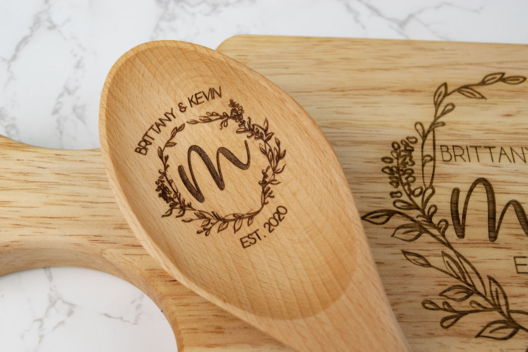 Personalized First Names and Monogram Wooden Spoon, Floral Wreath Wood Spoon Gift
