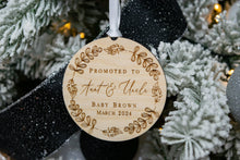 Load image into Gallery viewer, Wooden Personalized Promoted to Aunt and Uncle Ornament with Whimsical Wreath
