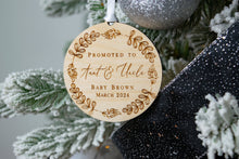 Load image into Gallery viewer, Wooden Personalized Promoted to Aunt and Uncle Ornament with Whimsical Wreath

