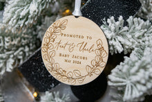 Load image into Gallery viewer, Wooden Personalized Promoted to Aunt and Uncle Ornament - Eucalyptus Wreath Design
