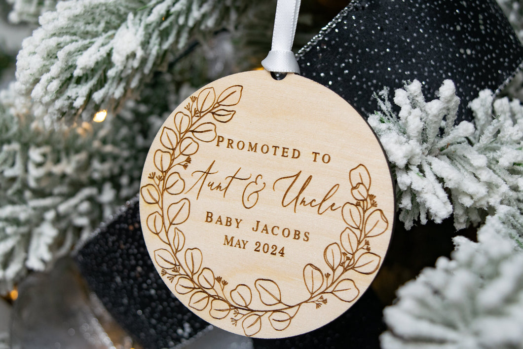 Wooden Personalized Promoted to Aunt and Uncle Ornament - Eucalyptus Wreath Design