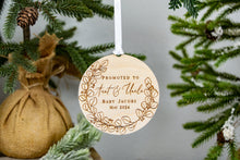 Load image into Gallery viewer, Wooden Personalized Promoted to Aunt and Uncle Ornament - Eucalyptus Wreath Design
