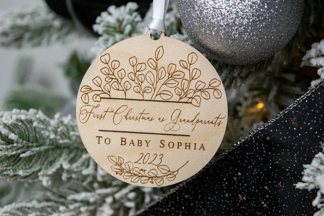 Wooden First Christmas as Grandparents to Baby Last Name Ornament - Eucalyptus Boho Style Ornament