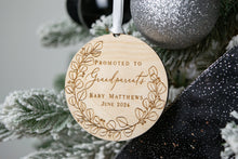 Load image into Gallery viewer, Wooden Promoted to Grandparents Personalized Eucalyptus Wreath Ornament - Pregnancy Announcement for Parents
