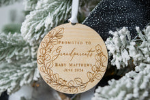 Load image into Gallery viewer, Wooden Promoted to Grandparents Personalized Eucalyptus Wreath Ornament - Pregnancy Announcement for Parents
