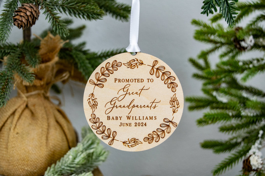 Wood Promoted to Great Grandparents Personalized Christmas Ornament - Whimsical Wreath Ornament
