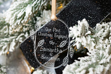 Load image into Gallery viewer, Acrylic Our First Christmas Engaged Ornament with Names and Year - Leaf and Twig Shape
