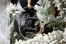 Load image into Gallery viewer, Acrylic Newlywed Christmas Ornament - Married with Names and Date Leaf and Twig Shaped
