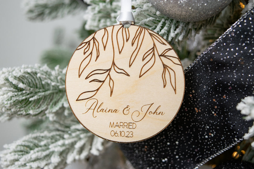 Wood Willow Branch Married Ornament with Names and Wedding Date