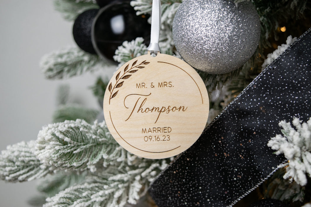 Wooden Mr and Mrs Ornament Last Name Married Christmas Ornament - Elegant Wreath Design