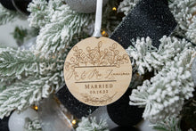 Load image into Gallery viewer, Wooden Mr and Mrs Last Name Married Ornament with Date and Eucalyptus Frame
