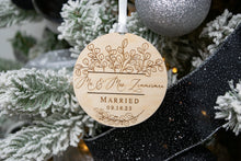 Load image into Gallery viewer, Wooden Mr and Mrs Last Name Married Ornament with Date and Eucalyptus Frame
