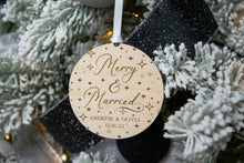 Load image into Gallery viewer, Wood Starry Merry and Married Ornament - Personalized Wedding Gift
