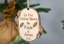 Load image into Gallery viewer, Wooden Our First Christmas Married Ornament with Names and Year - Leaf and Twig Shaped
