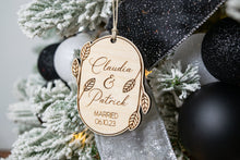 Load image into Gallery viewer, Wooden Personalized Married Christmas Ornament - Leaf and Twig Shaped
