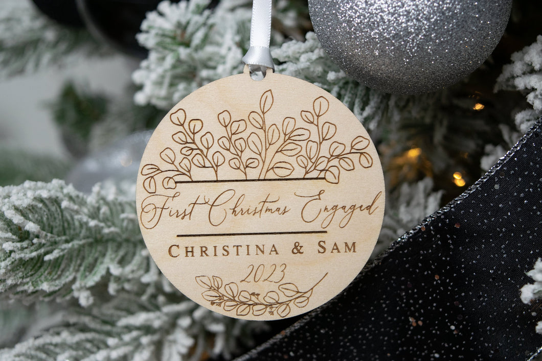 Wooden Personalized First Christmas Engaged Ornament - Eucalyptus Design