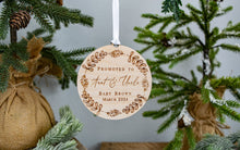 Load image into Gallery viewer, Wooden Personalized Promoted to Aunt and Uncle Ornament with Whimsical Wreath
