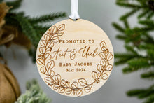 Load image into Gallery viewer, Wooden Personalized Promoted to Aunt and Uncle Ornament - Eucalyptus Wreath Design
