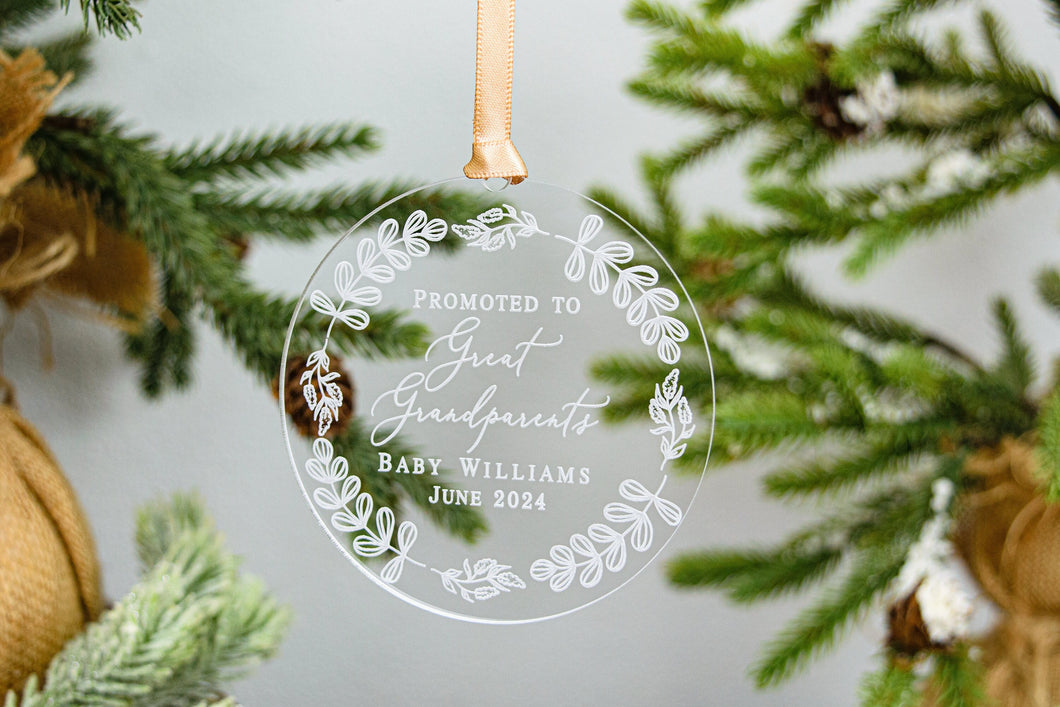 Personalized Clear Acrylic Promoted to Great Grandparents Ornament - Whimsical Wreath Design