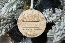 Load image into Gallery viewer, Wooden First Christmas as Grandparents to Baby Last Name Ornament - Eucalyptus Boho Style Ornament
