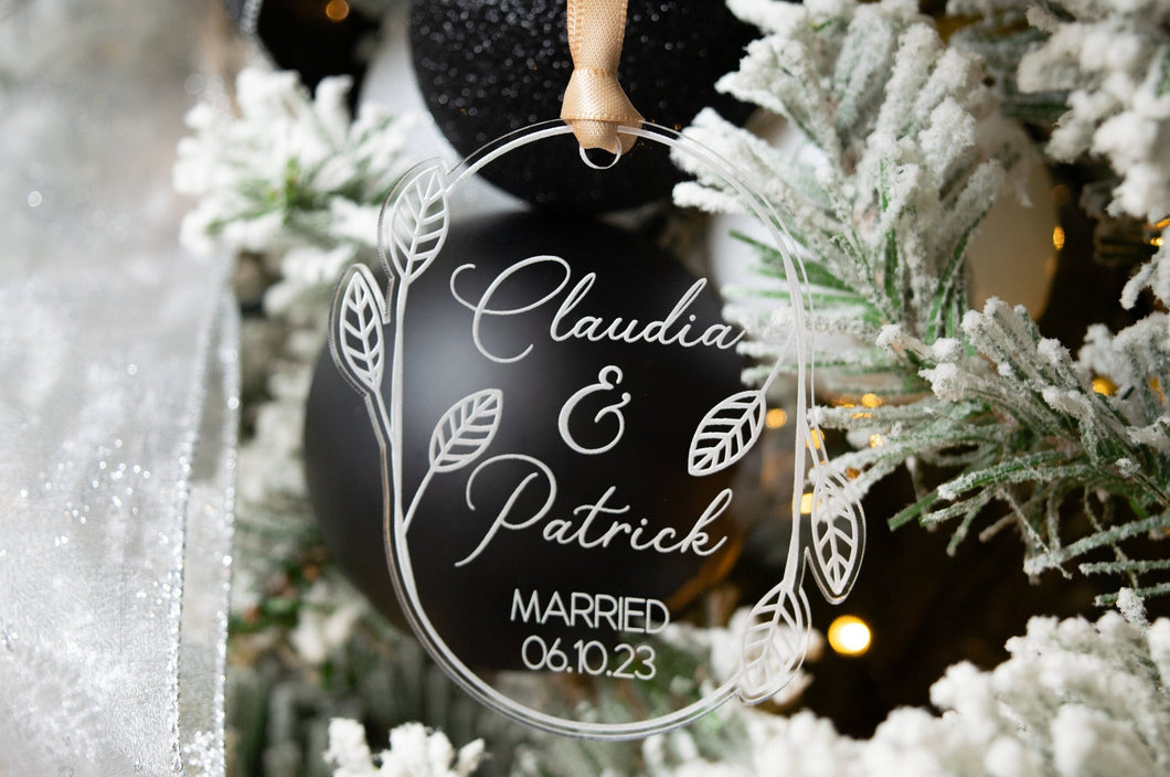 Acrylic Newlywed Christmas Ornament - Married with Names and Date Leaf and Twig Shaped